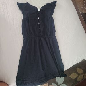 Loft Size Small Lil Black Dress, Button front, Ruffle Sleeve, Belt loops